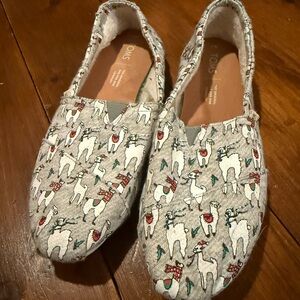 TOMS Llama Print Slip-On Shoes - Cream with Red & Green Accents